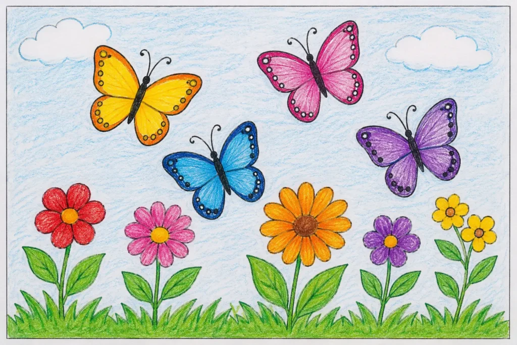 Sunny garden with butterflies and flowers